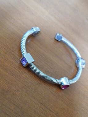 Silver Tone Cable Cuff Bracelet with Pink and Purple Stones